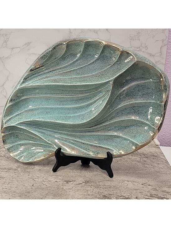 Vintage Other - Mid Century Modern California Pottery Turquoise & Gold Leaf Divided Relish Tray